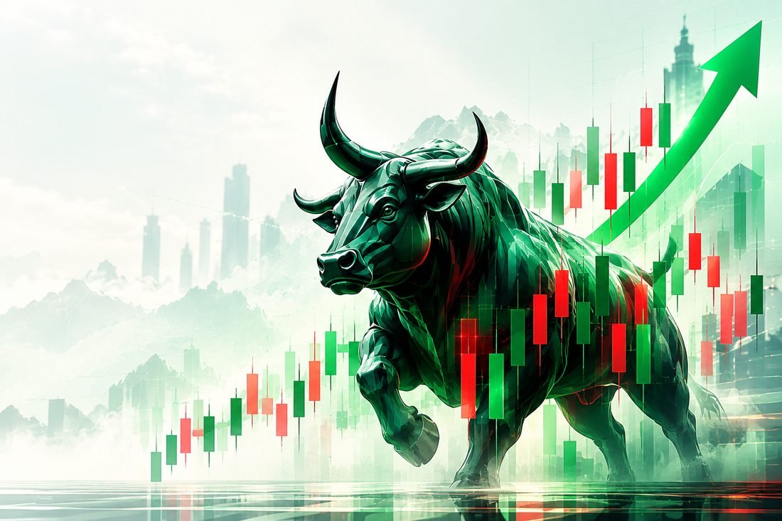 Green bull charging forward past rising candlestick charts and an upward arrow, symbolising disciplined market growth